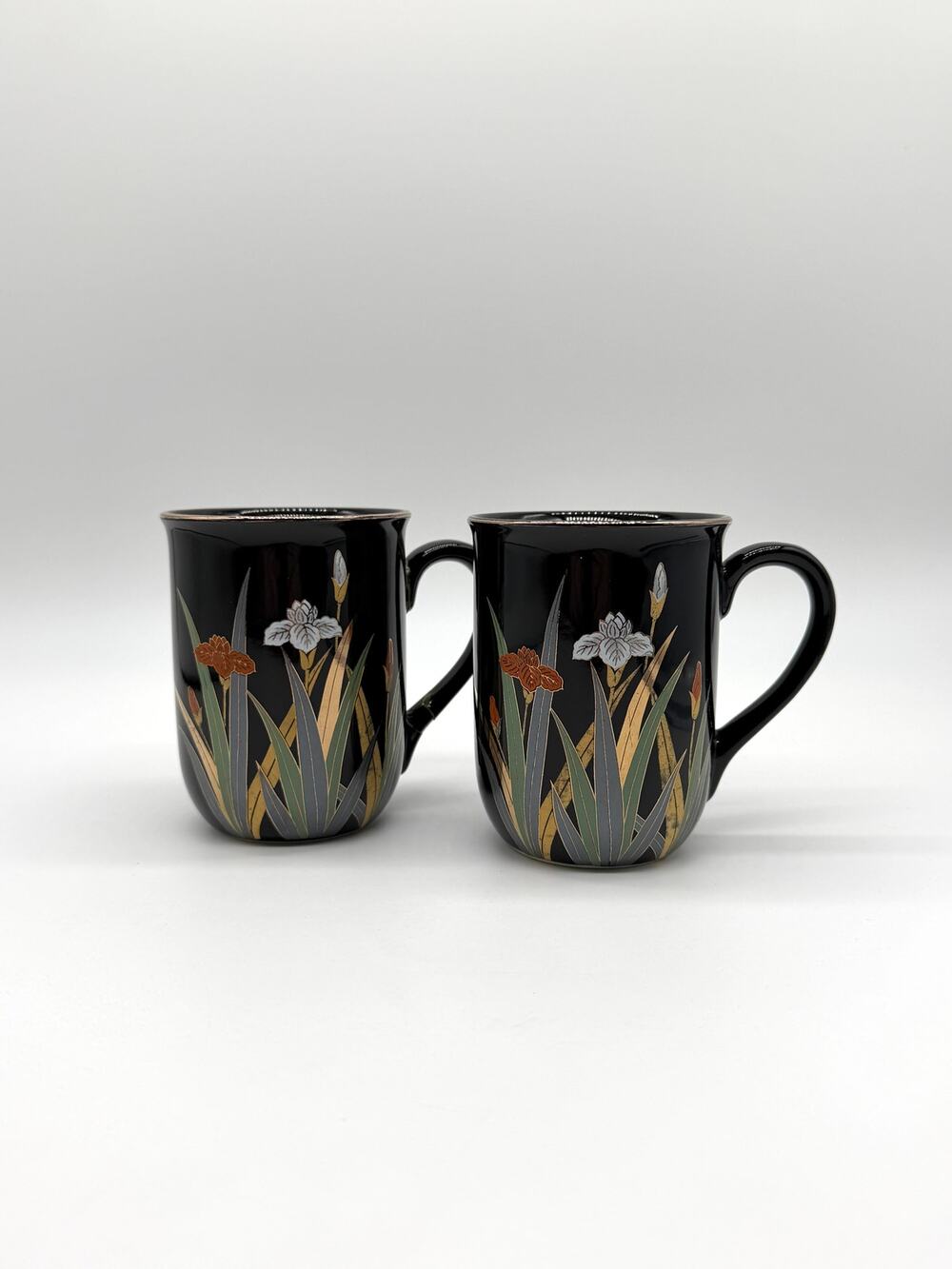 Vintage Otagiri Japan Black Iris Floral Coffee Mugs Set of 2 Gold Trim Repaired